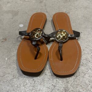 Tory Burch Brown Leather Thong Sandals with Gold Logo